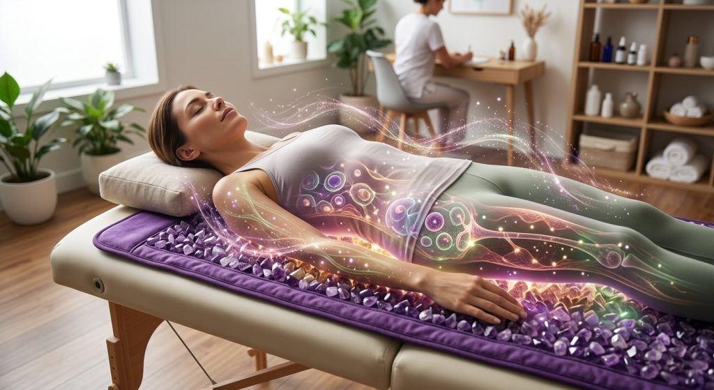 A woman resting on an amethyst BioMat on a treatment couch