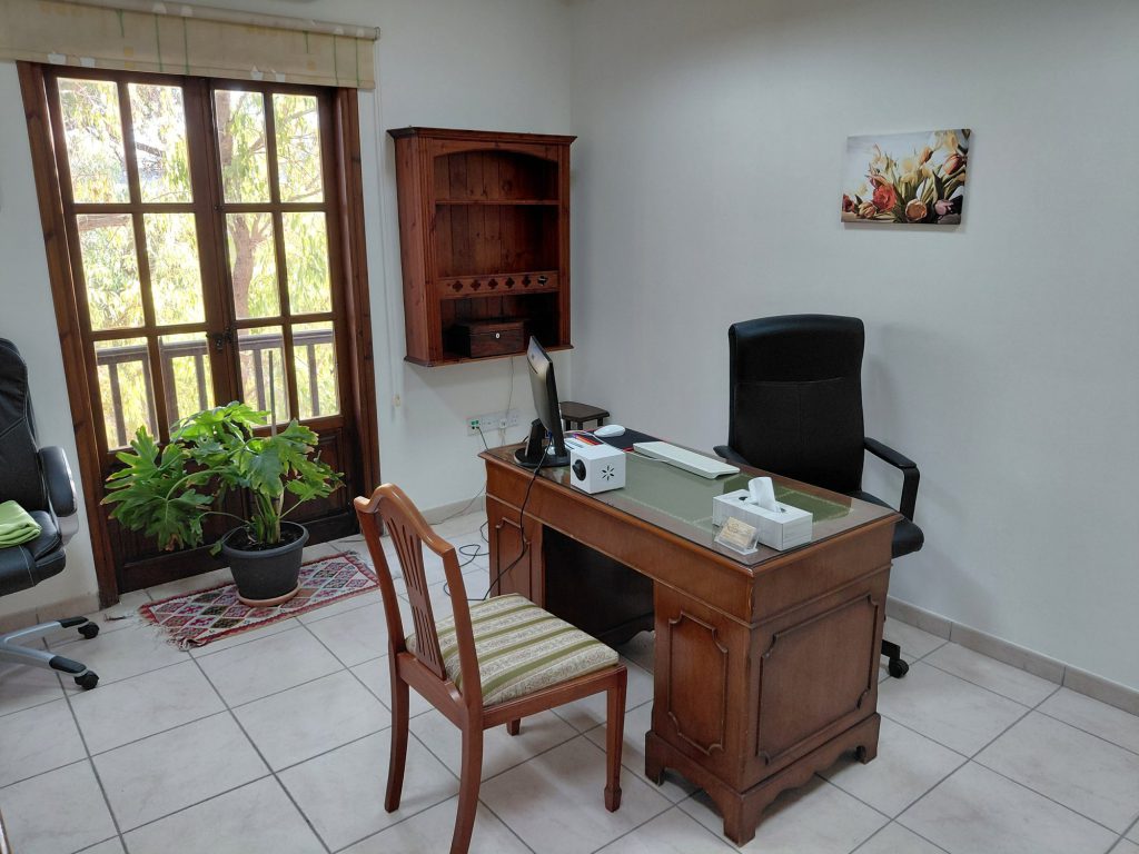 A consulting room with a wooden desk and a window onto the garden