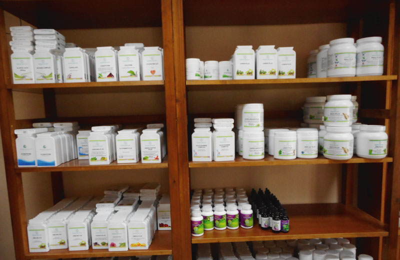 Natural products on the shelves of the centre’s dispensary