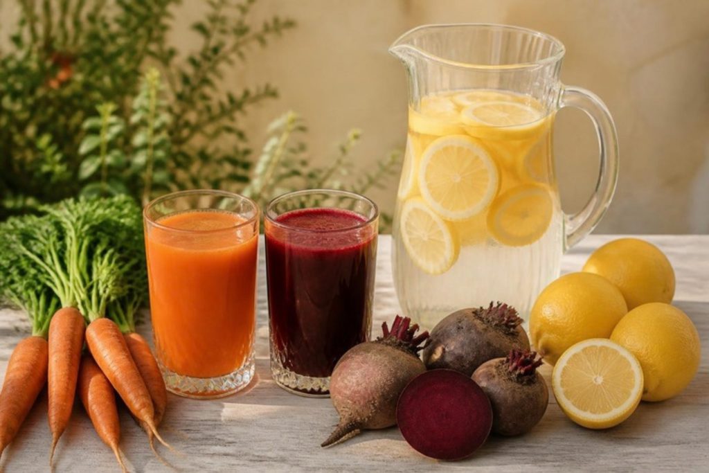 Carrot and beetroot juice with lemon water