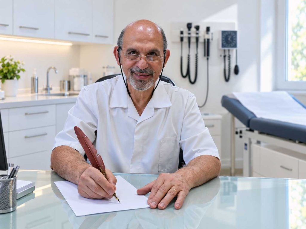 Dr. George Georgiou writing at his desk