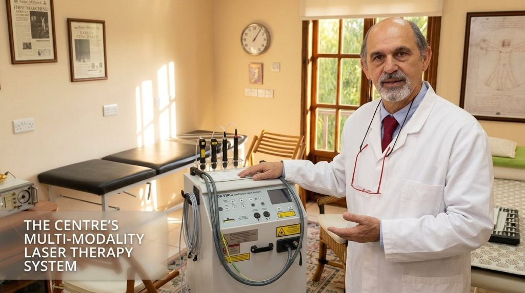 Dr. George beside the centre’s multi-modality laser therapy system