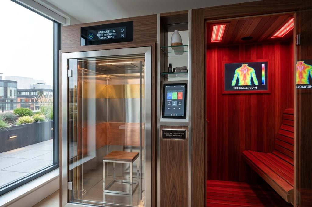 A far-infrared sauna cabin with a thermography screen beside it