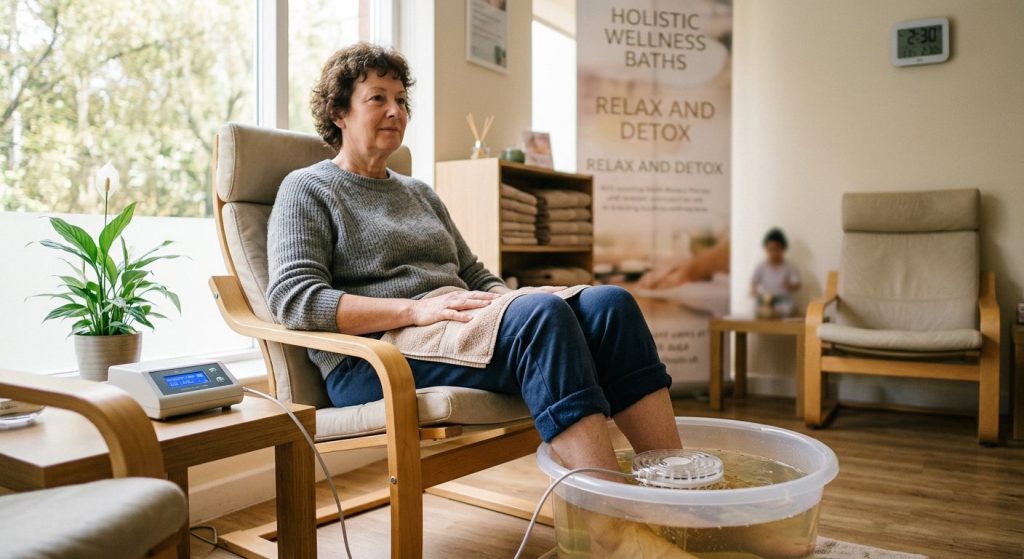 A patient resting in a chair with her feet in an ionizing footbath