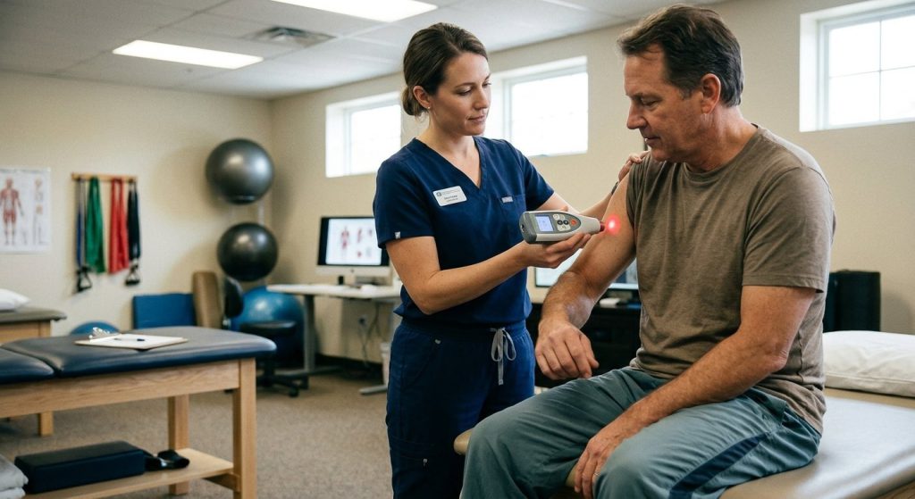 A therapist holding a low intensity laser probe to a patient’s shoulder