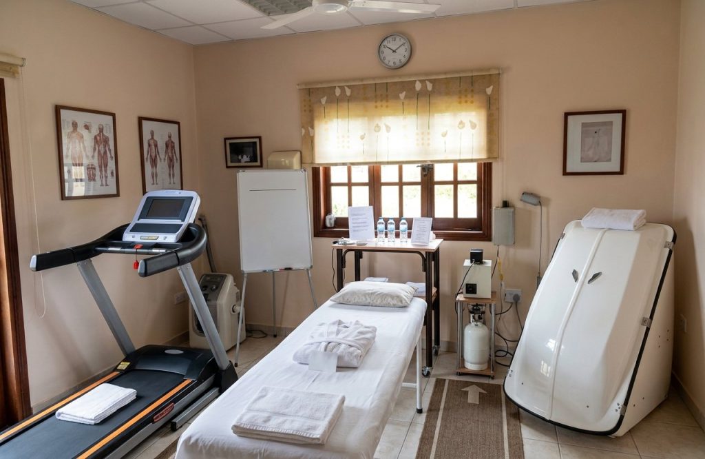 The oxygen room: a treadmill, a treatment couch and the ozone sauna cabinet
