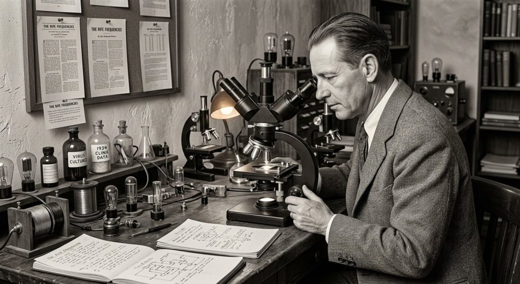 Illustration of a 1930s laboratory: a scientist at a microscope beside early electrical equipment