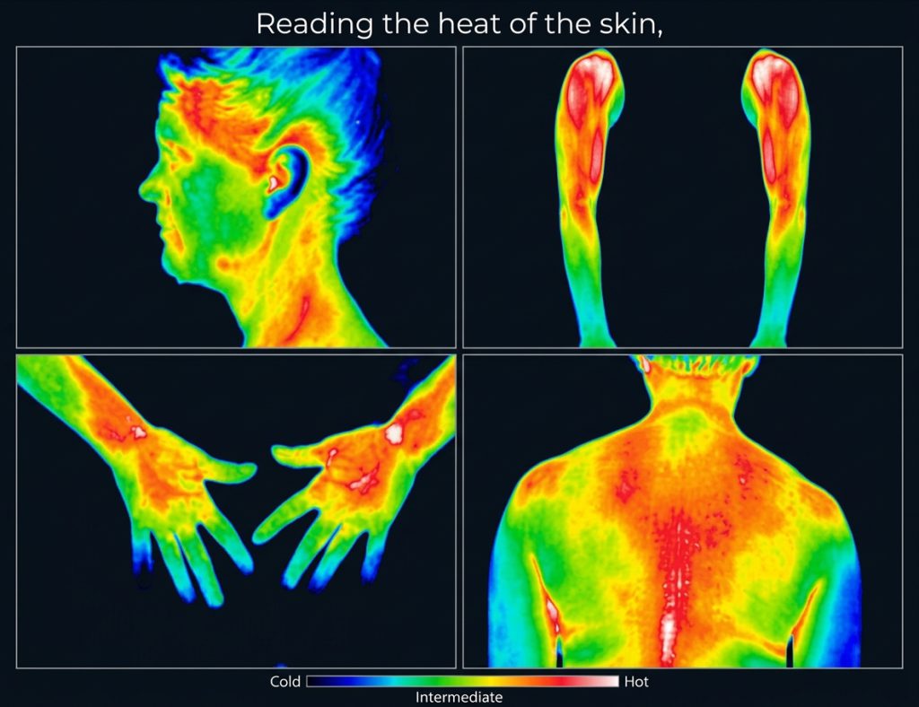 Thermal images of the head, arms, hands and back, on a scale from cold to hot